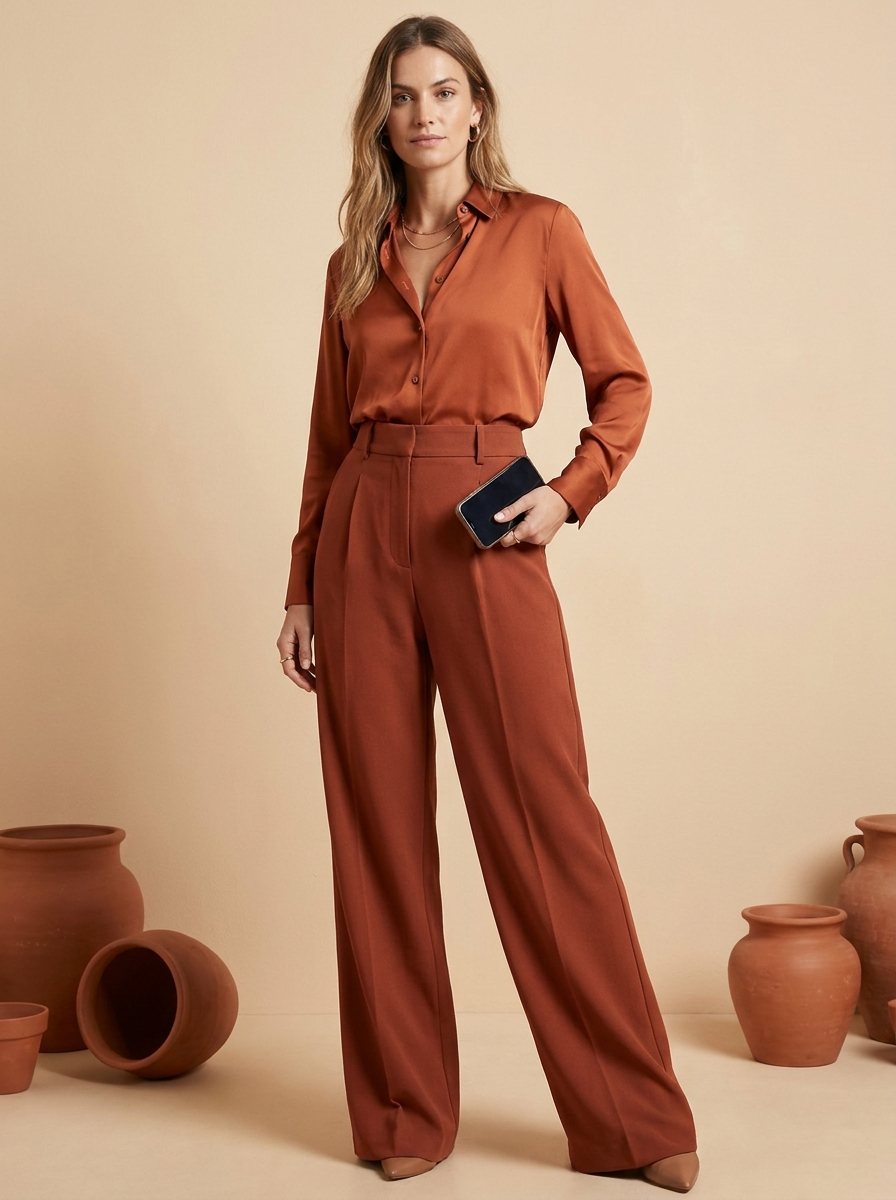 Woman wearing tailored terracotta trousers with a deep pocket holding a phone